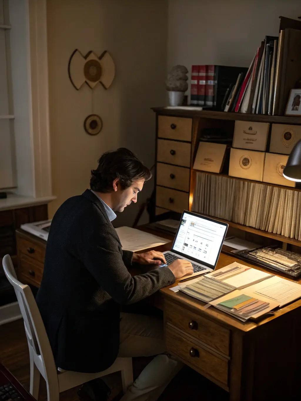 A close-up shot of a matchmaker carefully reviewing a client's profile on a tablet, highlighting the personalized approach EliteLink takes in understanding each client.