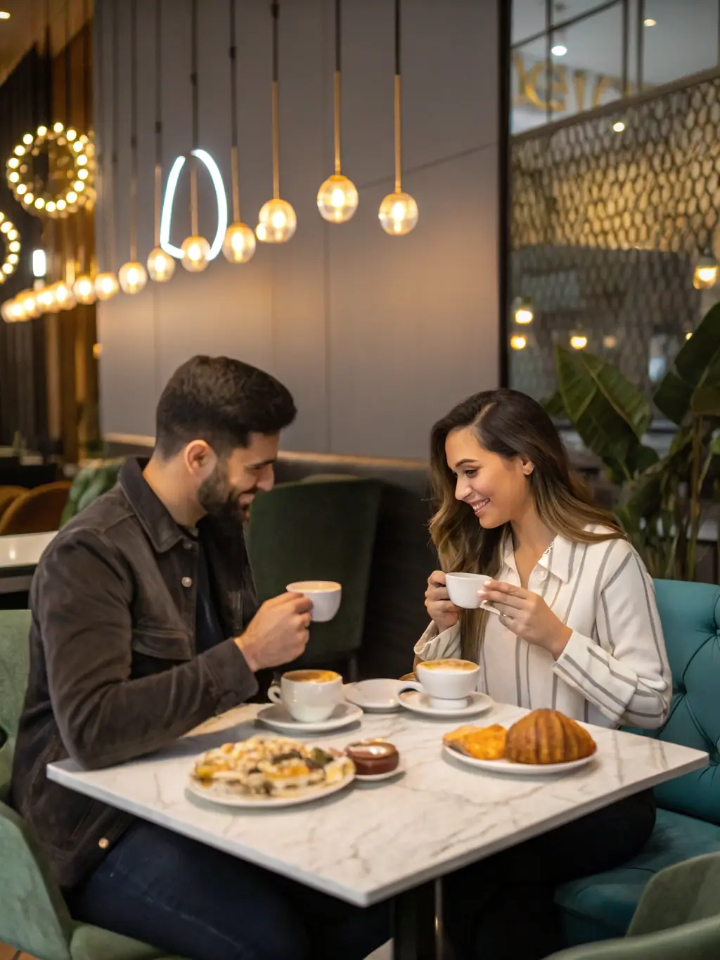 Two individuals enjoying a pleasant conversation over coffee in a relaxed cafe setting, representing a successful first date arranged by EliteLink.