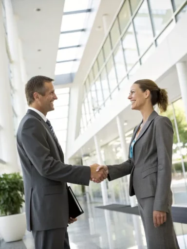 A professional man and woman in business attire shaking hands confidently in a modern office setting, symbolizing the initial consultation phase of EliteLink's matchmaking process.